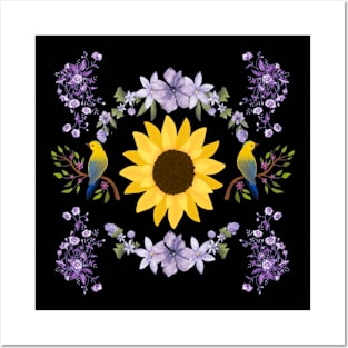 Sunflower, Purple Flowers, and Birds Posters and Art